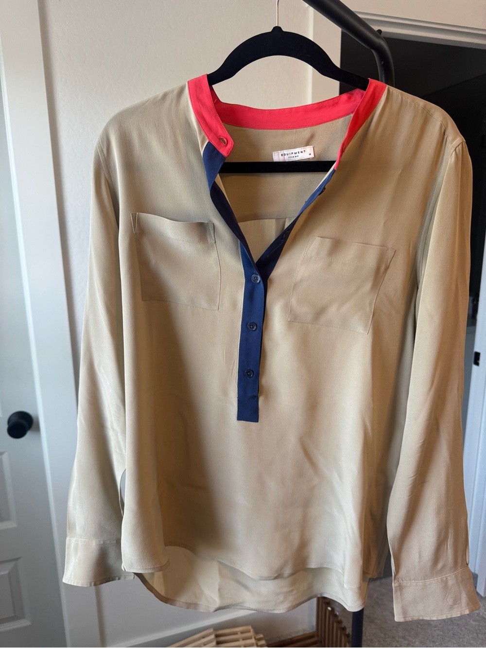Equipment Femme Colorblocked Blouse in Beige, Navy & Coral